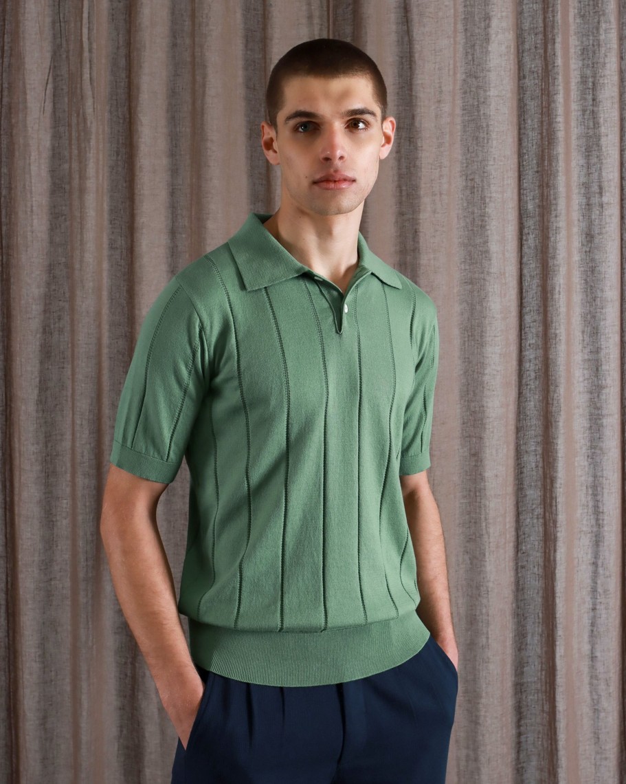 Far Afield Polo Shirts | Jacobs Polo - Frosty Green Punched Stripe