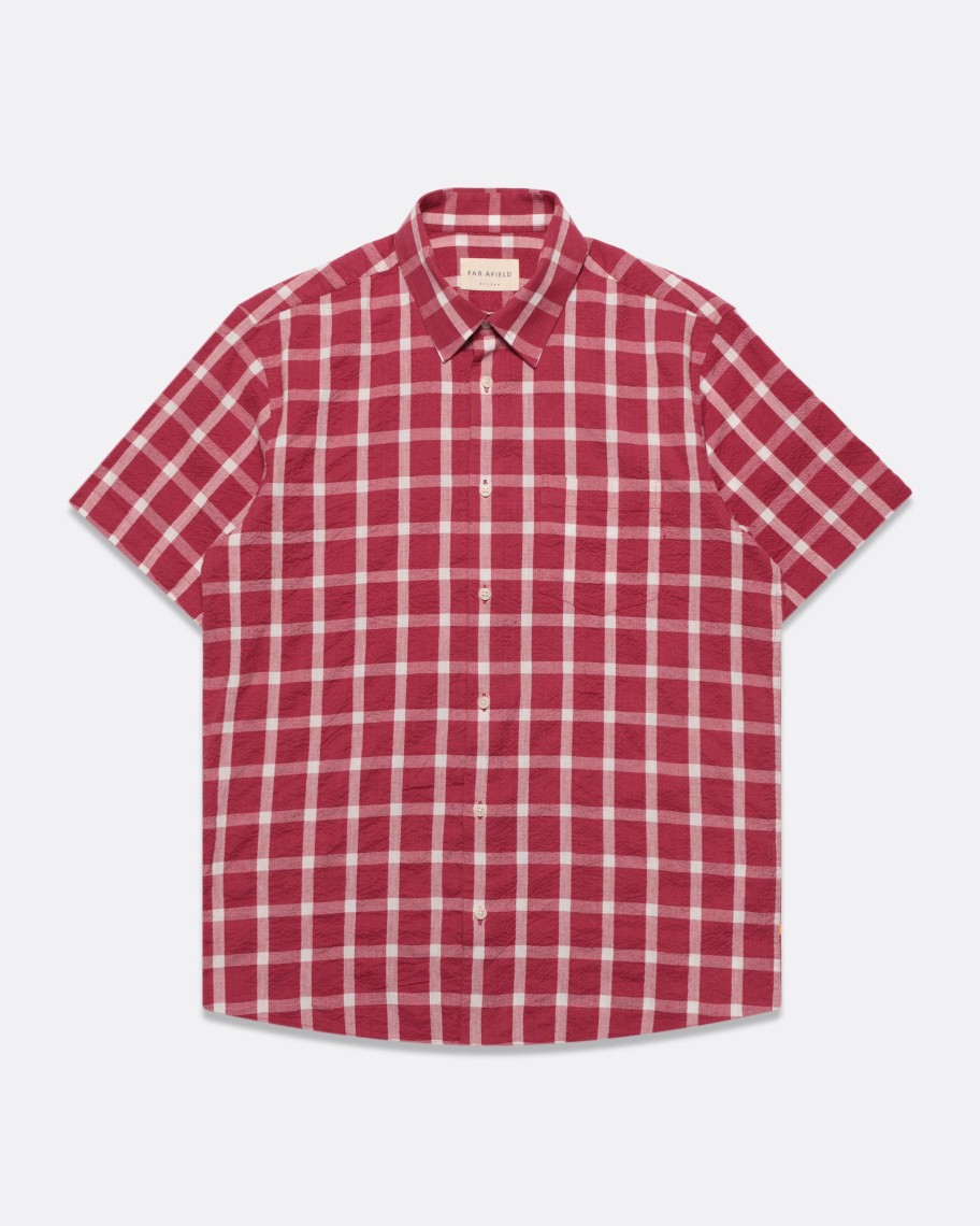 Far Afield Shirts | Classic Short Sleeve Shirt - Pink Ribbed Seersucker Check