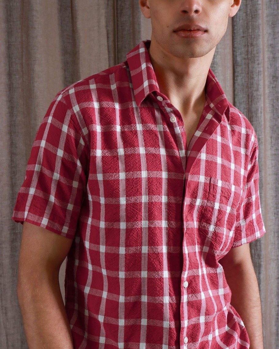 Far Afield Shirts | Classic Short Sleeve Shirt - Pink Ribbed Seersucker Check